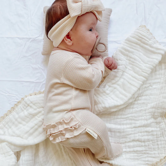 My First Outfit - Waffle Flutter Bum Footed Overalls & Topknot Set - Mellow Peach