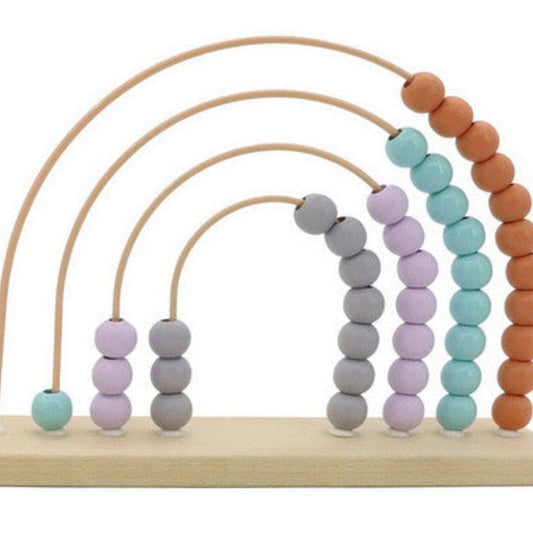 An abacus with a difference - solid natural timber base with arched wires threaded with timber beads, finished in non-toxic paint, in subtle modern tones. These not only look great but will help a child to develop fine motor skills and learn to count, add and subtract.