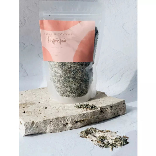Postpartum Bath Salts help your body to heal and restore after birth with rich magnesium and an ancient herbal blend may help to stimulate your blood flow, fight infection, heal tears, and reduce swelling.
