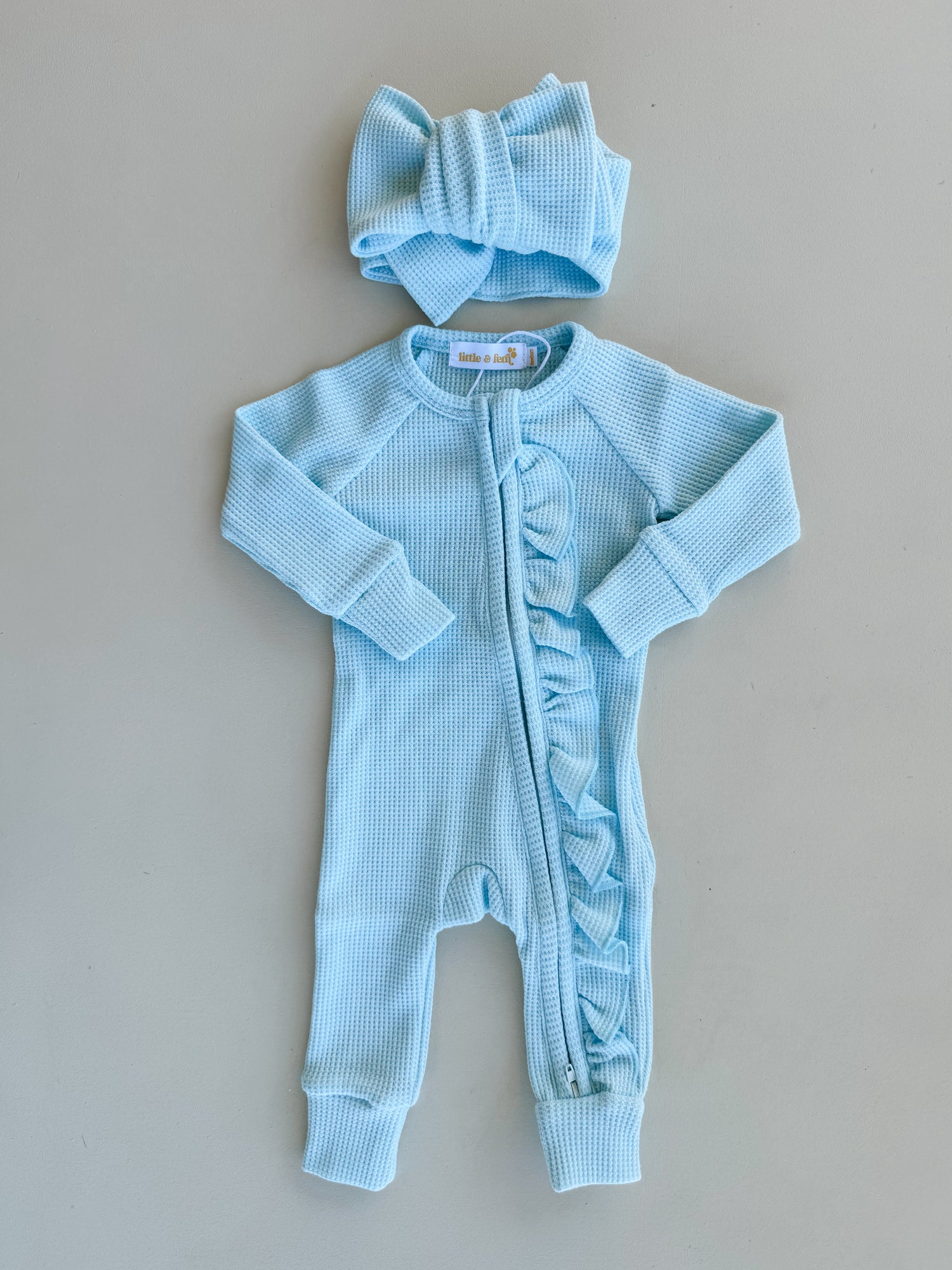 Frill Zip Romper | Baby Blue Waffle