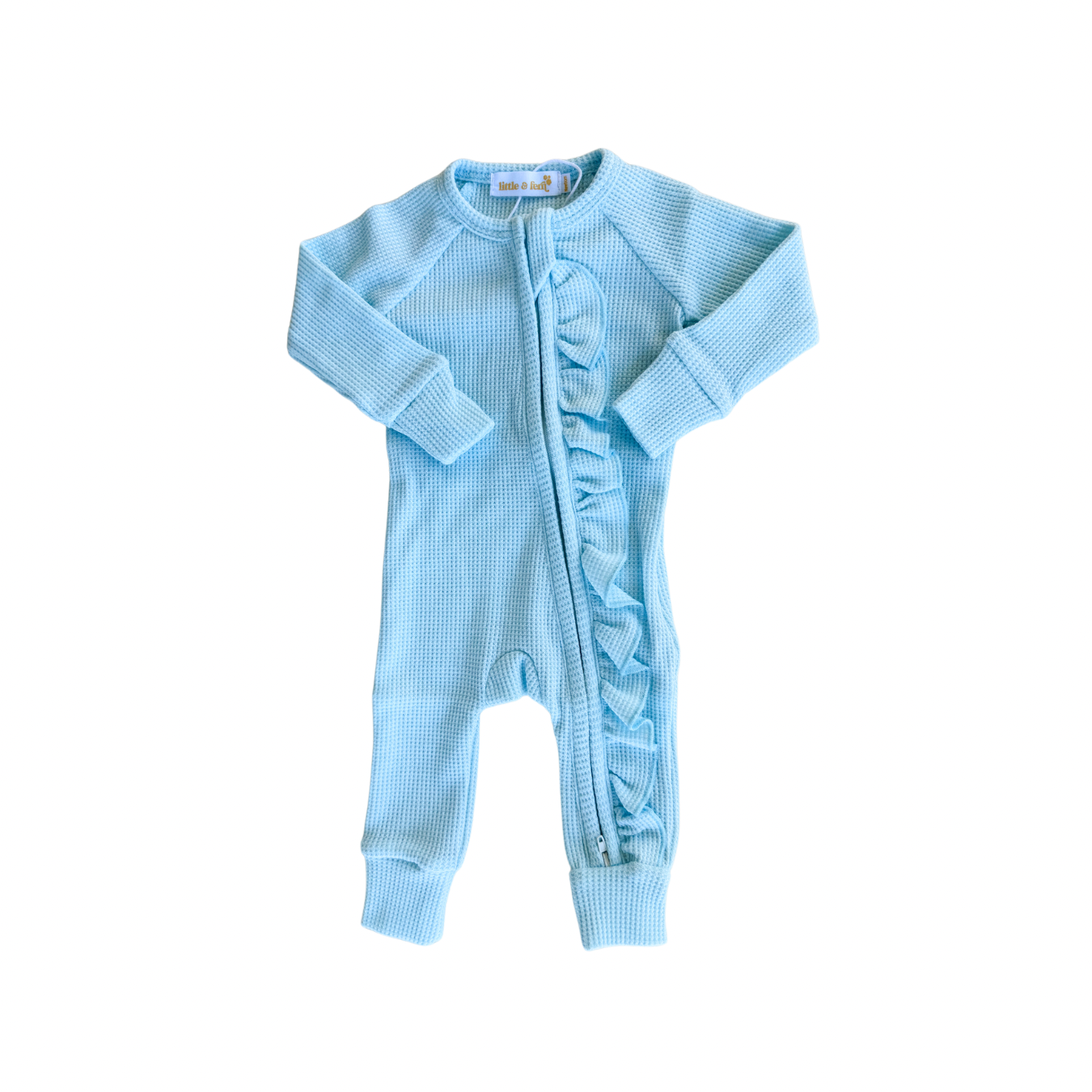 Frill Zip Romper | Baby Blue Waffle