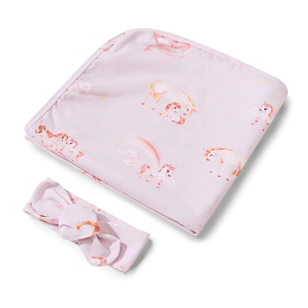 Snuggle Hunny Kids Unicorn Organic Jersey Wrap &amp; Topknot Set